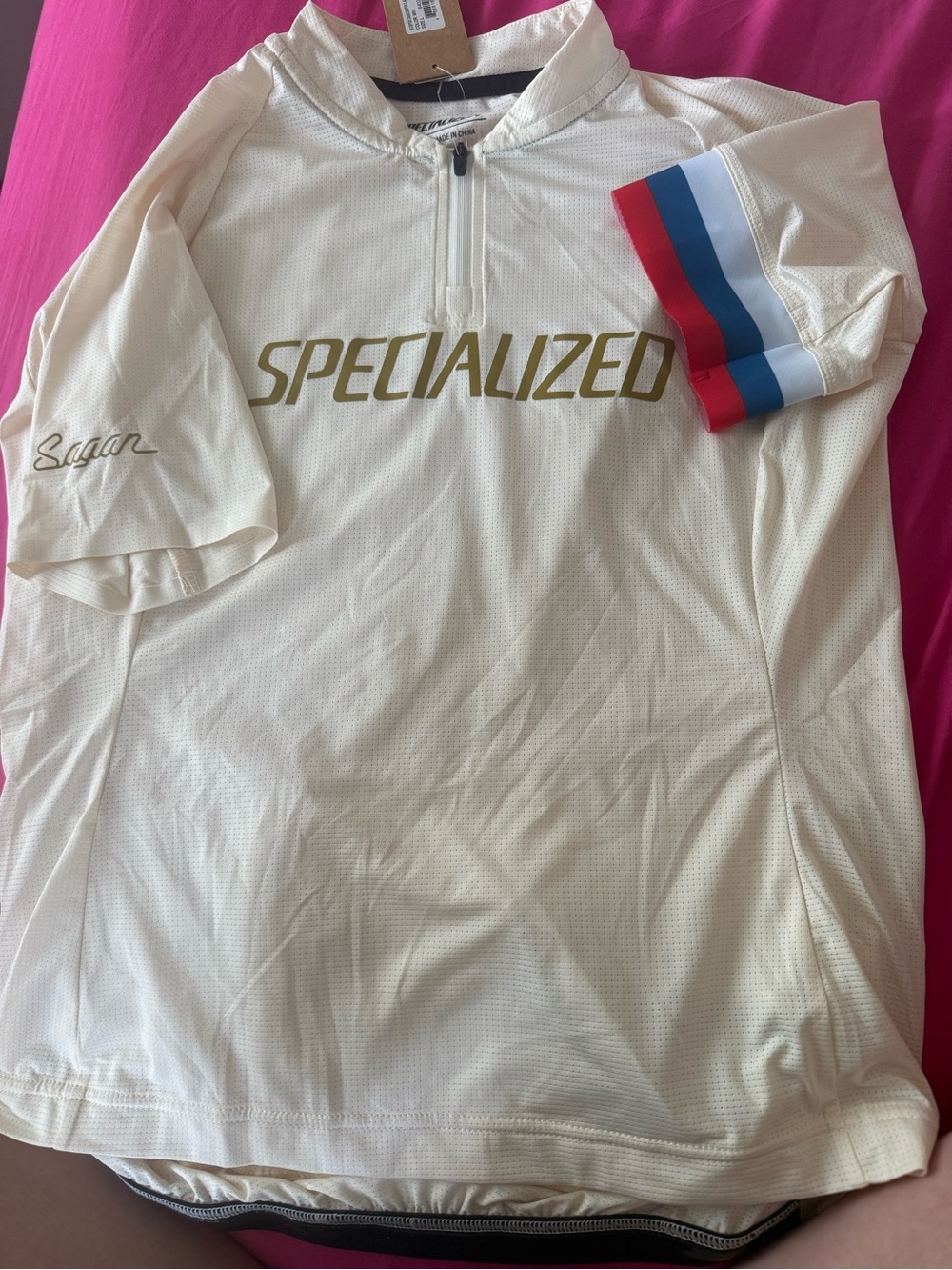 Specialized White Women Cycling Jersey with Red & Blue Sleeve Stripes